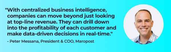 Quote from Peter Messana, President & COO, Maropost:
"With centralized business intelligence, companies can move beyond just looking at top-line revenue. They can drill down into the profitability of each customer…and make data-driven decisions in real time."