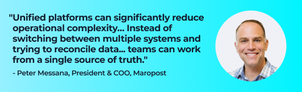 Quote from Peter Messana, President & COO, Maropost:
"Unified platforms can significantly reduce operational complexity…Instead of switching between multiple systems and trying to reconcile data from different sources, teams can work from a single source of truth."